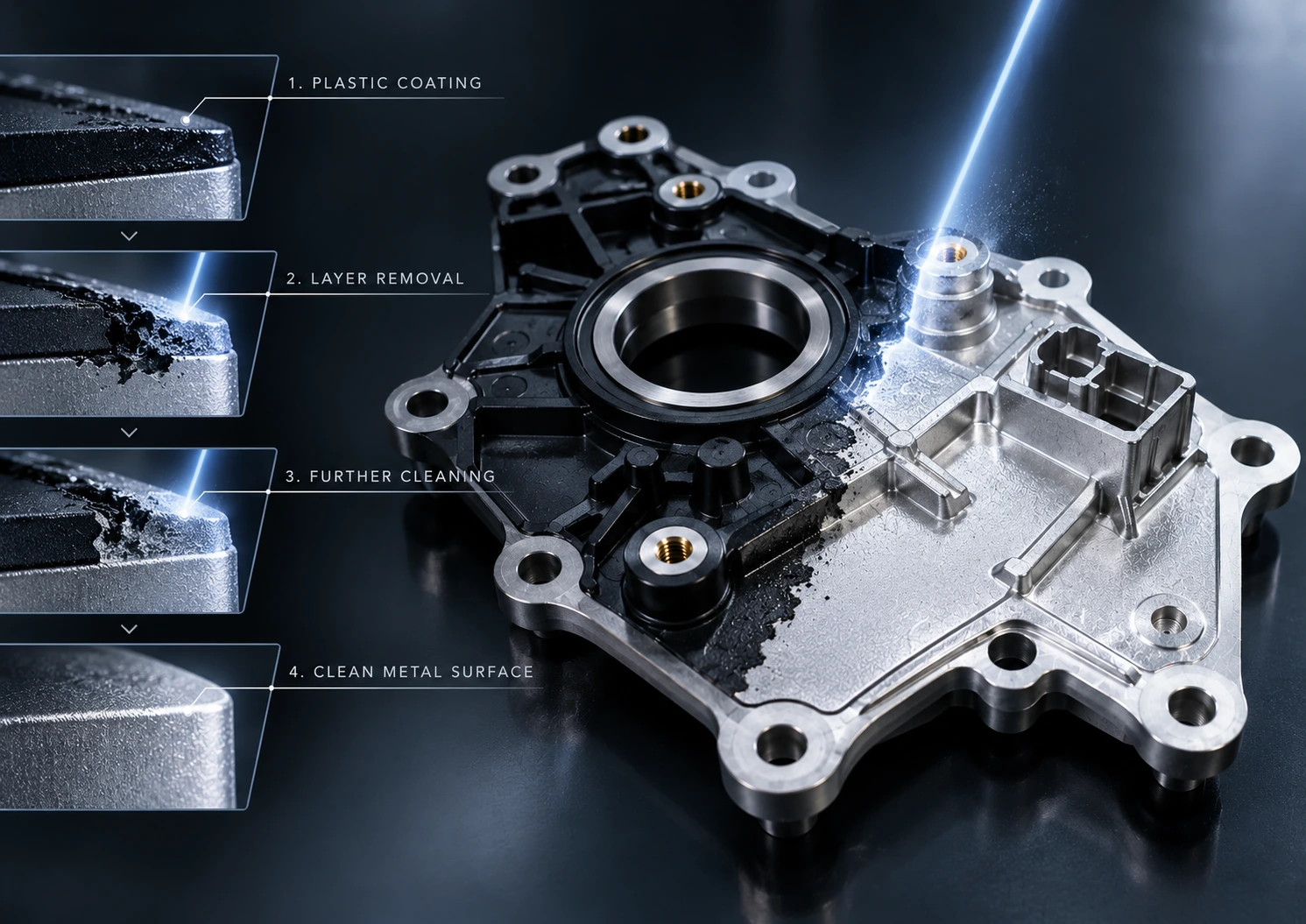 Technical infographic illustrating non-contact laser coating removal
